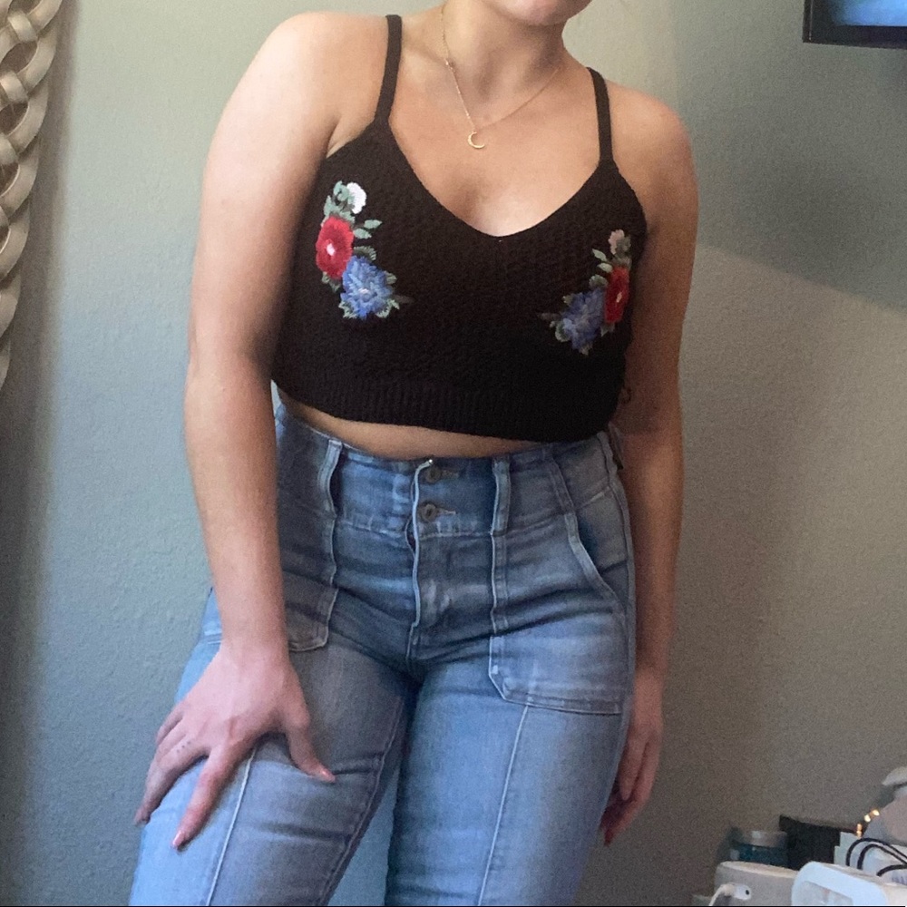 black crochet tank top with floral embroidery